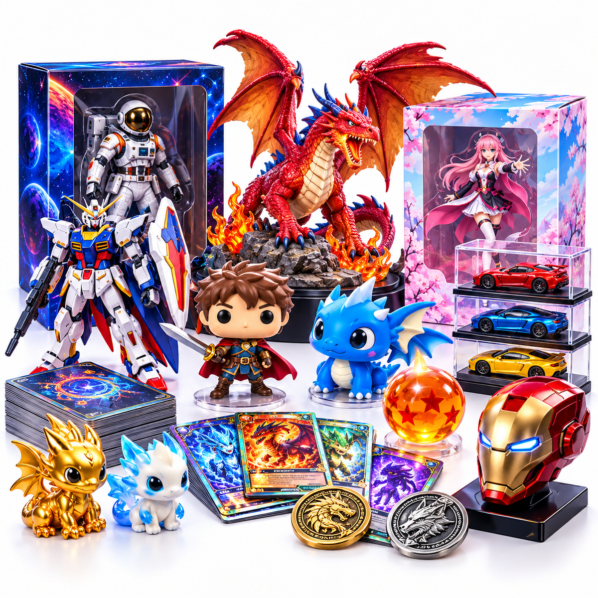 Assorted collectible action figures, figurines, fantasy characters, trading cards and display models.