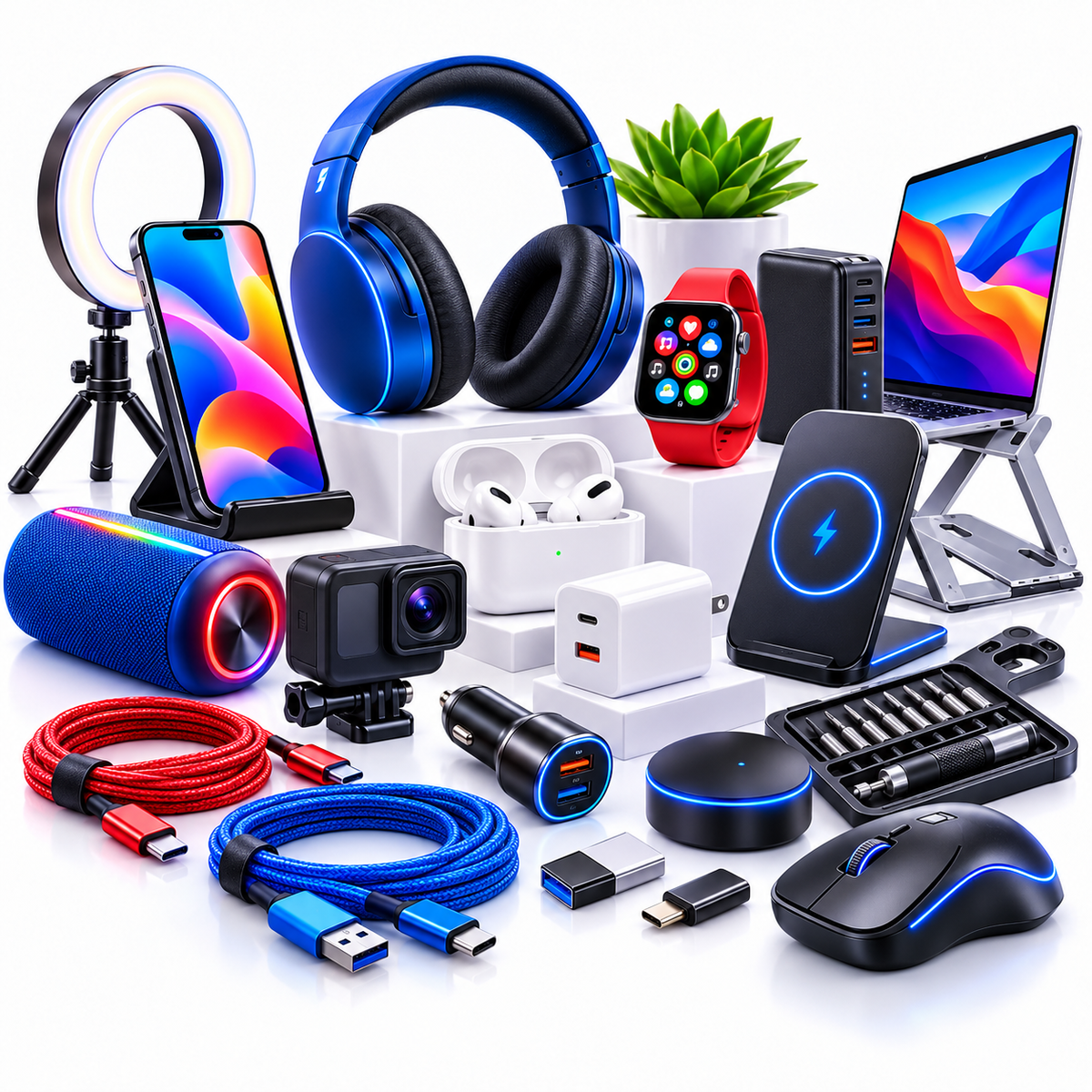 Assorted tech gadgets including headphones, USB cables, chargers, wireless accessories, and electronics.