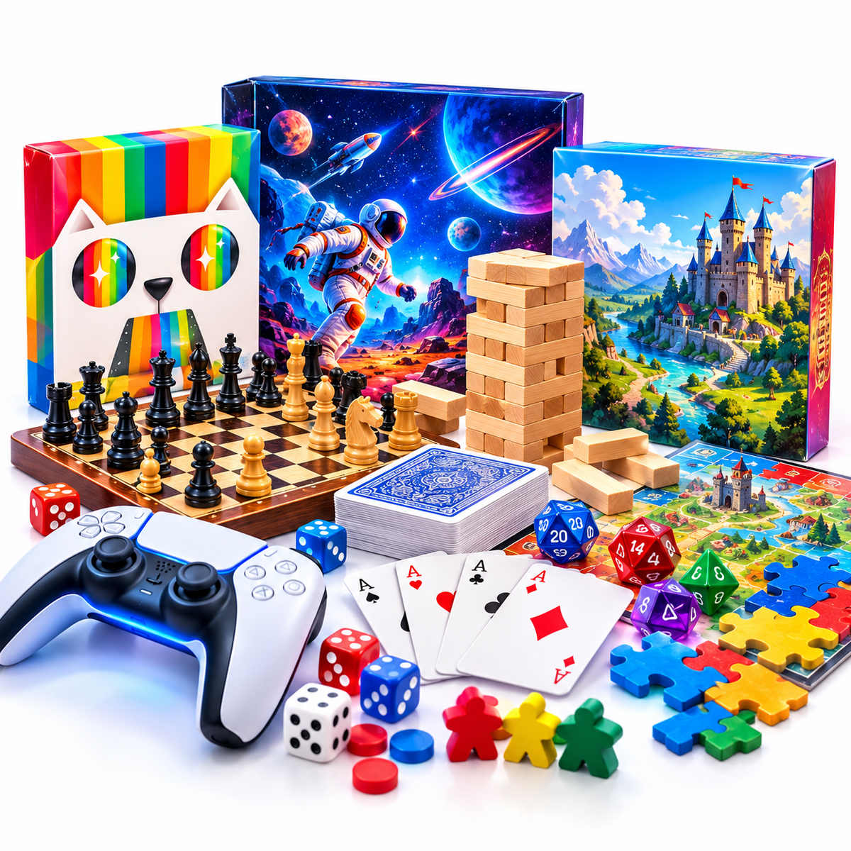 Colorful collection of board games, card games, dice, chess, puzzles and gaming accessories.