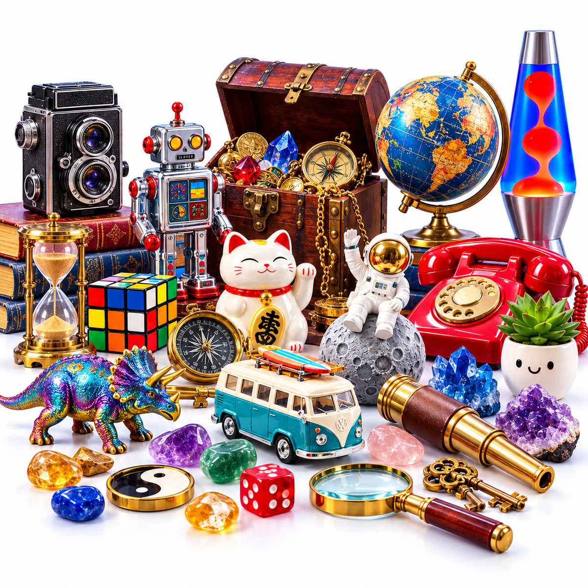 Eclectic collection of vintage cameras, retro toys, novelty gadgets, decorative treasures, and unusual gifts.